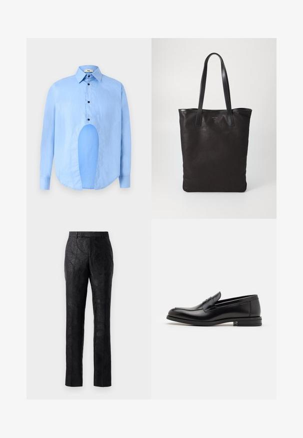 Light blue long-sleeve shirt with a pointed collar, black buttons, and a unique cutout in the front for distinctive design.; Black trousers with a subtle floral jacquard pattern, straight cut, and smooth texture. Features a classic waistband and tailored fit.; Black leather loafers with a smooth texture, rounded toe, and a decorative strap across the vamp. Low stacked heel, minimalist design.; Black canvas tote bag with black leather handles. Simple design, spacious body, and a smooth texture. No visible logos or patterns.