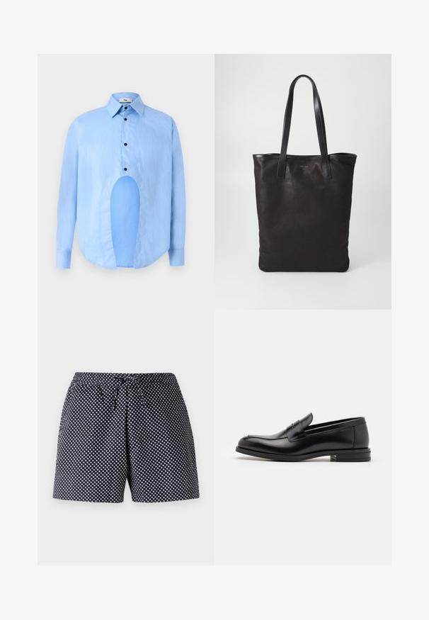 Heledsinine pikkade varrukatega särk, millel on terav krae, mustad nupud ja ainulaadne lõige ees eristuva disaini jaoks.; Tumedad sinised lühikesed püksid, millel on valged ringikujulised täpid, elastse vöökoha ja nööriga. Kerge kude, mugav lõige.; Mustad mustad nahast loafers sileda tekstuuriga, ümarat ninaosa ja dekoratiivne riba vampi üle. Madal kihiline konts, minimalistlik disain.; Mustmust kott mustade nahkade käepidemetega. Lihtne disain, avar keha ja sile tekstuur. Pole nähtavaid logosid ega mustreid.