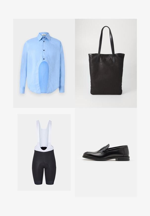 Világoskék, hosszú ujjú ing, hegyes gallérral, fekete gombokkal, és egyedi kivágással elöl, amely különleges dizájnt kölcsönöz.; Fekete bib rövidnadrág fehér pántokkal, párnázott üléssel és elasztikus szegésekkel. Sima textúra, a márka logójával a pántokon.; Fekete bőr loaferek sima textúrával, kerek orral és dekoratív pánttal a vampnál. Alacsony, rétegelt sarkú, minimalista dizájn.; Fekete vászontáska fekete bőr füllel. Egyszerű dizájn, tágas test és sima textúra. Nincsenek látható logók vagy minták.