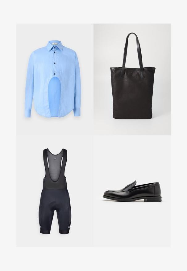 Svetlo modrá košeľa s dlhým rukávom a špicatým golierom, čiernymi gombíkmi a jedinečným výrezom vpredu pre osobitý dizajn.; Čierne cyklistické šortky s okami na ramienkach, polstrovaným sedadlom a elastickými manžetami. Obsahuje logo na ľavom stehne a priliehavý, aerodynamický dizajn.; Čierne kožené mokasíny s hladkou textúrou, zaoblenou špičkou a dekoračným pásikom cez priehlavok. Nízky vrstvený opätok, minimalistický dizajn.; Čierna plátená taška s čiernymi koženými ušami. Jednoduchý dizajn, priestranné telo a hladká textúra. Žiadne viditeľné logo ani vzory.