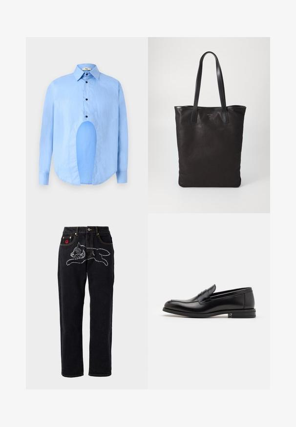 Light blue long-sleeve shirt with a pointed collar, black buttons, and a unique cutout in the front for distinctive design.; Black denim jeans with a straight leg design, featuring silver embellishments in a pattern, contrast stitching, and a logo tag on the pocket.; Black leather loafers with a smooth texture, rounded toe, and a decorative strap across the vamp. Low stacked heel, minimalist design.; Black canvas tote bag with black leather handles. Simple design, spacious body, and a smooth texture. No visible logos or patterns.