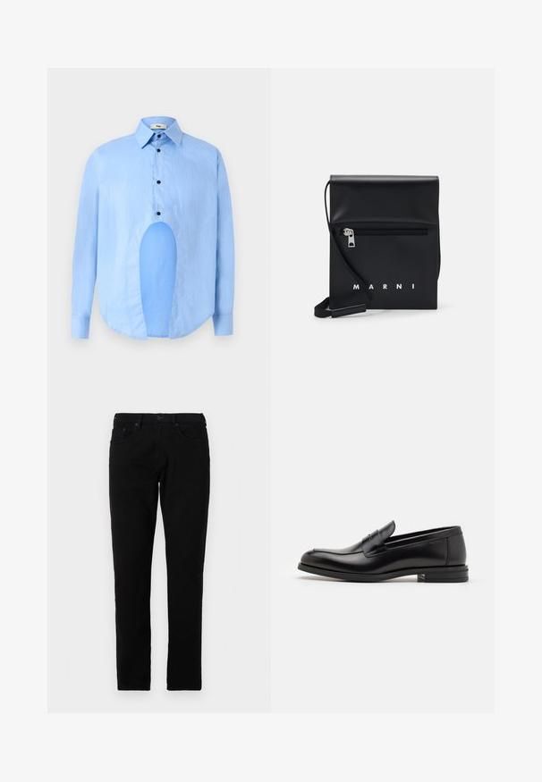 Gaiši zils garām piedurknēm krekls ar punktētu apkakli, melniem pogām un unikālu izgriezumu priekšpusē, lai izceltu dizainu.; Melnas džinsa bikses ar taisnu fasonu, ar pogu aizdari, piecām kabatām un šuvju akcentiem gar šuvēm.; Melnas ādas kurpes ar gludu tekstūru, noapaļu purngalu un dekoratīvu siksniņu pāri priekšpusei. Zems sakrauts papēdis, minimālisma dizains.; Melnas ādas plecu soma ar rāvējslēdzēja priekšējo kabatu, iepresēto logotipu un regulējamu siksnu. Raita tekstūra ar strukturētu formu.