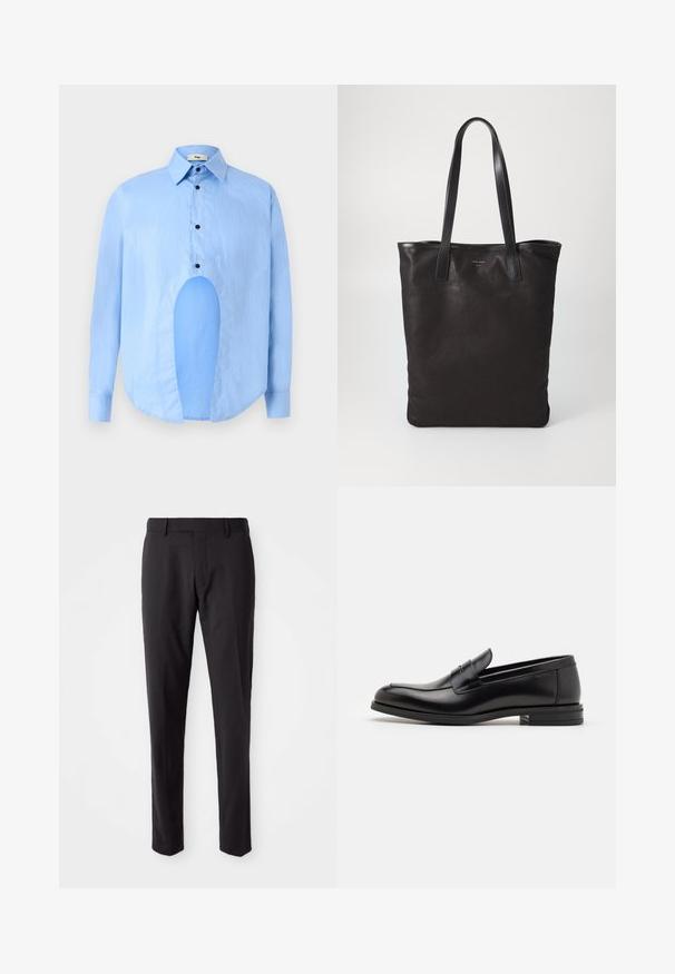 Svetlo modrá košeľa s dlhým rukávom a špicatým golierom, čiernymi gombíkmi a jedinečným výrezom vpredu pre osobitý dizajn.; Čierne priliehavé nohavice so plochým predným dielom, úzkym strihom, pútkami na opasok a hladkou textúrou. Vhodné na formálne alebo business oblečenie.; Čierne kožené mokasíny s hladkou textúrou, zaoblenou špičkou a dekoračným pásikom cez priehlavok. Nízky vrstvený opätok, minimalistický dizajn.; Čierna plátená taška s čiernymi koženými ušami. Jednoduchý dizajn, priestranné telo a hladká textúra. Žiadne viditeľné logo ani vzory.