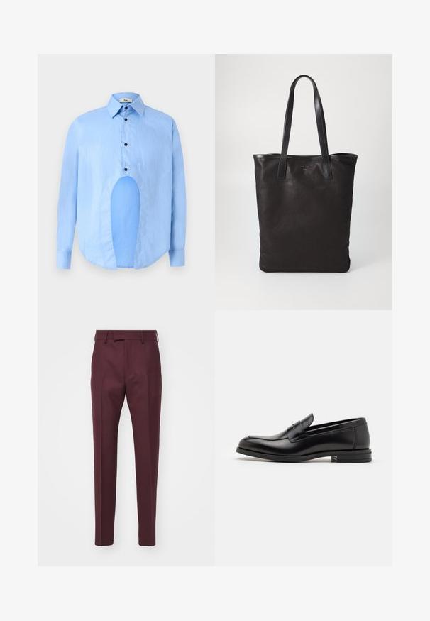 Heledsinine pikkade varrukatega särk, millel on terav krae, mustad nupud ja ainulaadne lõige ees eristuva disaini jaoks.; Burgundia kohandatud püksid sirge lõikega, sileda tekstuuriga ja pressitud voldikutega. Varustab vööaasade ja ees olevate taskutega.; Mustad mustad nahast loafers sileda tekstuuriga, ümarat ninaosa ja dekoratiivne riba vampi üle. Madal kihiline konts, minimalistlik disain.; Mustmust kott mustade nahkade käepidemetega. Lihtne disain, avar keha ja sile tekstuur. Pole nähtavaid logosid ega mustreid.