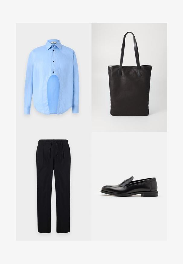 Vaaleansininen pitkähiha shirtti, jossa on terävä kaulus, mustat napit ja ainutlaatuinen aukko edessä erottuvan muotoilun vuoksi.; Farkut mustat, valmistettu sileästä kankaasta, jossa on narukiristysvyö, suorat lahkeet ja edessä pleatit rakenteellista ilmettä varten.; Mustat nahkakengät, joissa on sileä pinta, pyöreä kärki ja koristeellinen nauha jalkapöydän yli. Matala pinoitu koroke, minimalistinen muotoilu.; Mustat kangaskassit mustilla nahkahandleilla. Yksinkertainen muotoilu, tilava runko ja sileä pinta. Ei näkyviä logoja tai kuvioita.