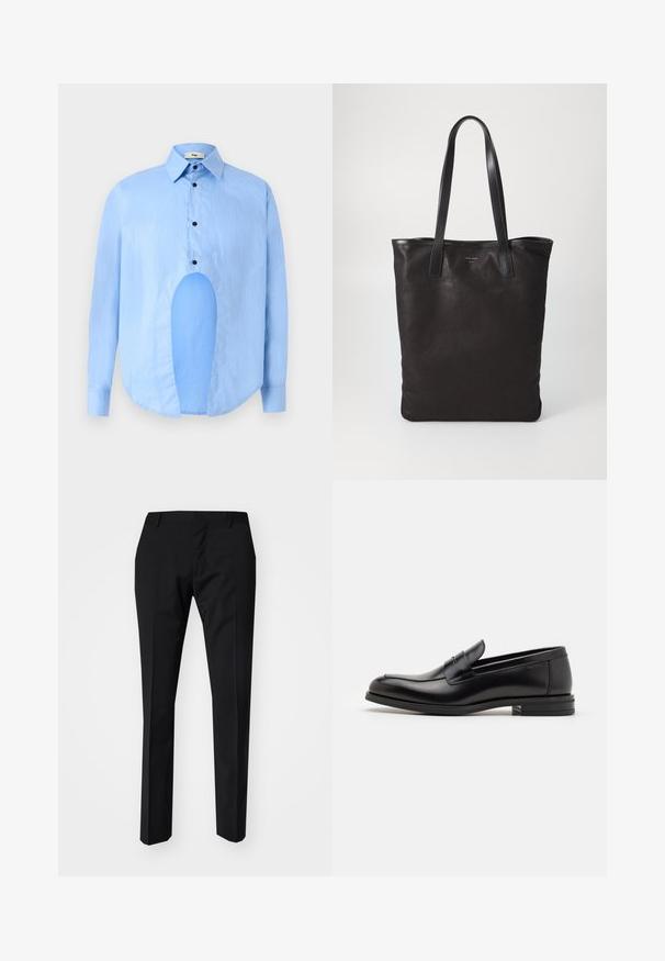 Šviesiai mėlyna ilgarankovė marškiniai su smailiu apykakle, juodais mygtukais ir unikaliu išpjovimu priekyje, kuri suteikia išskirtinį dizainą.; Juodos kelnes su lieknu siluetu, plokščiu priekiu, diržo kilpelėmis ir be matomų kišenių. Lygus paviršius ir švarios linijos.; Juodos odinės loafers, turinčios lygų paviršių, apvalią noselę ir dekoratyvinę juostą per priekinę dalį. Žemas krentantis kulnas, minimalistinis dizainas.; Juodas drobės pirkinių maišelis su juodais odiniais rankenomis. Paprastas dizainas, erdvus kūnas ir lygus paviršius. Nėra matomų logotipų ar raštų.