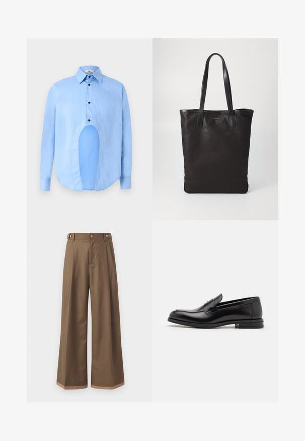 Lysblå langærmet skjorte med spids krave, sorte knapper og et unikt udskæring foran for et særpræget design.; Bredde ben bukser i et mørkebrunt stof, der har to sidelommer, to dekorative forreste knapper og en kontrast kant.; Sorte læderloafers med en glat overflade, rund tå og en dekorativ strop over vampen. Lav hæl med stabeldesign, minimalistisk stil.; Sort lærred tote taske med sorte læderhåndtag. Simpelt design, rummelig krop og en glat overflade. Ingen synlige logoer eller mønstre.