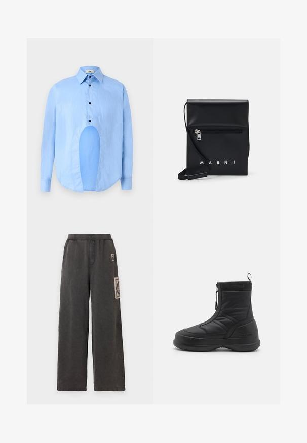 Šviesiai mėlyna ilgarankovė marškiniai su smailiu apykakle, juodais mygtukais ir unikaliu išpjovimu priekyje, kuri suteikia išskirtinį dizainą.; Plati kelnės iš tamsiai pilkos medžiagos, su dekoratyvine aplikacija ant priekinio kišenės ir elastinga juosmens juosta patogumui.; Juodas vandeniui atsparus sniego botas su lygiu sintetine viršutine dalimi, užtrauktuku, paminkštintu apvadu ir tekstūruotu guminiu padu. Papuoštas "MOON BOOT" logotipu.; Juodas odinis per petį nešiojamas krepšys su užtrauktuku ant priekio, iškilminiu logotipu ir reguliuojama juosta. Lygi tekstūra su struktūrizuota forma.