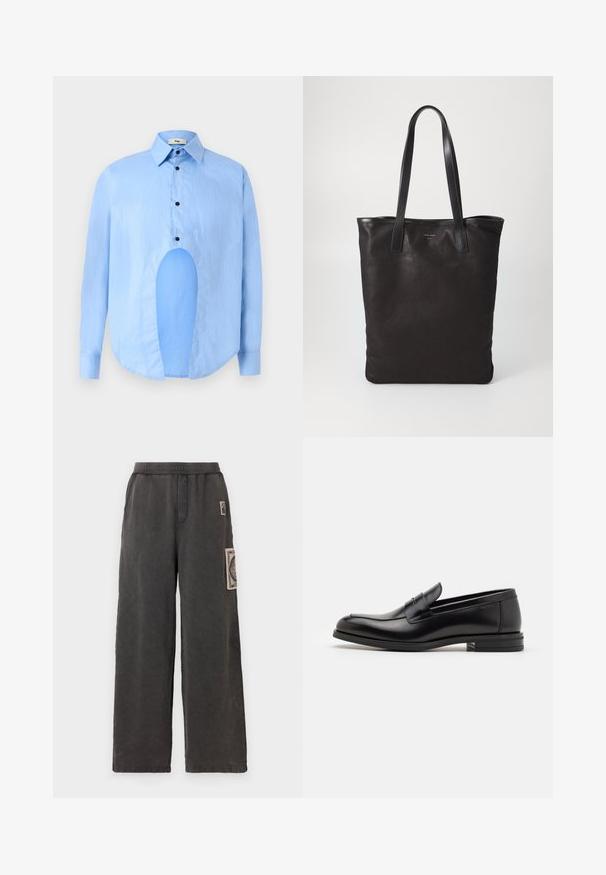 Light blue long-sleeve shirt with a pointed collar, black buttons, and a unique cutout in the front for distinctive design.; Wide-leg trousers in dark gray fabric, featuring a decorative patch on the front pocket and an elastic waistband for comfort.; Black leather loafers with a smooth texture, rounded toe, and a decorative strap across the vamp. Low stacked heel, minimalist design.; Black canvas tote bag with black leather handles. Simple design, spacious body, and a smooth texture. No visible logos or patterns.