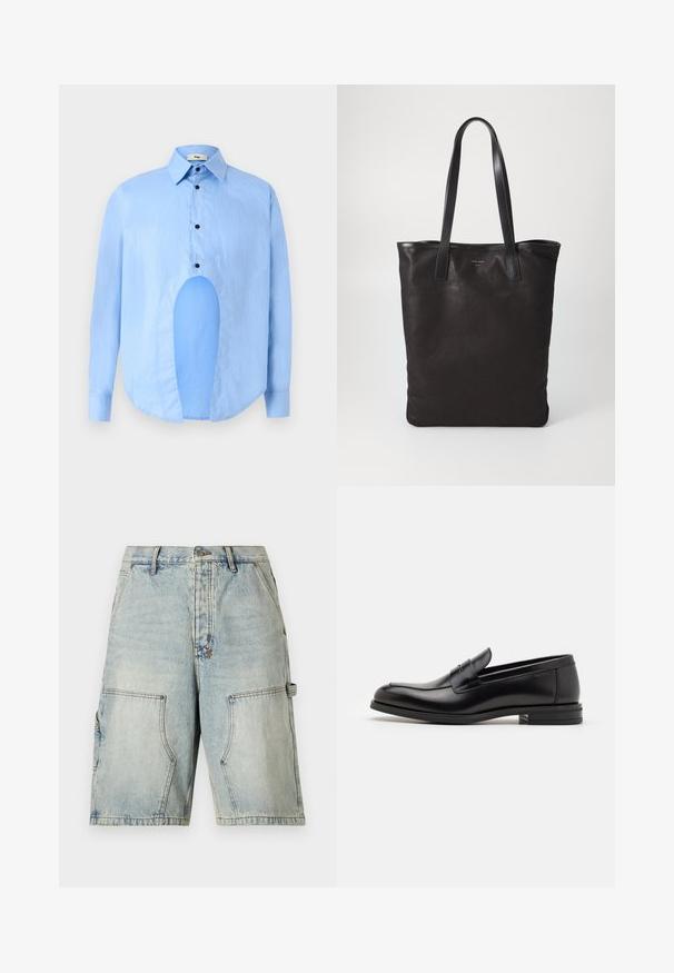 Light blue long-sleeve shirt with a pointed collar, black buttons, and a unique cutout in the front for distinctive design.; Light blue denim cargo shorts with a relaxed fit, featuring two front pockets and a side pocket, reinforced stitching, and a button closure.; Black leather loafers with a smooth texture, rounded toe, and a decorative strap across the vamp. Low stacked heel, minimalist design.; Black canvas tote bag with black leather handles. Simple design, spacious body, and a smooth texture. No visible logos or patterns.