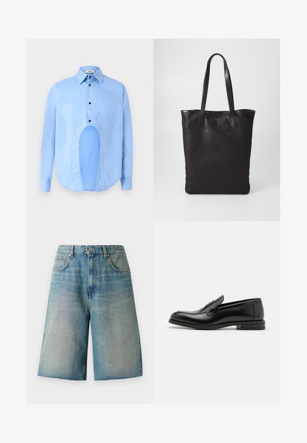 Šviesiai mėlyna ilgarankovė marškiniai su smailiu apykakle, juodais mygtukais ir unikaliu išpjovimu priekyje, kuri suteikia išskirtinį dizainą.; Šviesiai mėlyni džinsiniai šortai su tiesiu kirpimu, aukštu liemeniu ir ištrintais kraštais. Yra penki kišenės ir užsegimas priekyje.; Juodos odinės loafers, turinčios lygų paviršių, apvalią noselę ir dekoratyvinę juostą per priekinę dalį. Žemas krentantis kulnas, minimalistinis dizainas.; Juodas drobės pirkinių maišelis su juodais odiniais rankenomis. Paprastas dizainas, erdvus kūnas ir lygus paviršius. Nėra matomų logotipų ar raštų.