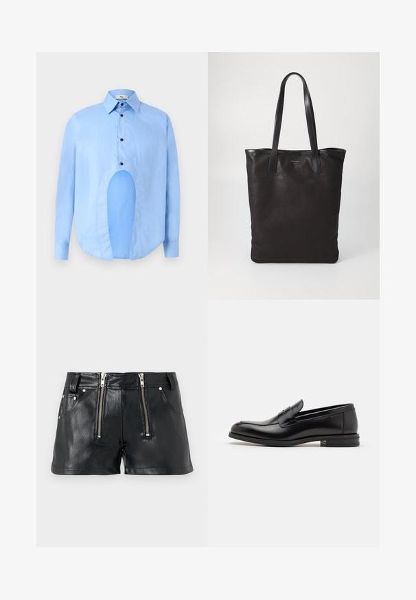 Világoskék, hosszú ujjú ing, hegyes gallérral, fekete gombokkal, és egyedi kivágással elöl, amely különleges dizájnt kölcsönöz.; Fekete műbőr rövidnadrág dupla elülső cipzárral, két oldalsó zsebbel és sima, fényes textúrával. Rövid hossza és testre szabott fazonja van.; Fekete bőr loaferek sima textúrával, kerek orral és dekoratív pánttal a vampnál. Alacsony, rétegelt sarkú, minimalista dizájn.; Fekete vászontáska fekete bőr füllel. Egyszerű dizájn, tágas test és sima textúra. Nincsenek látható logók vagy minták.