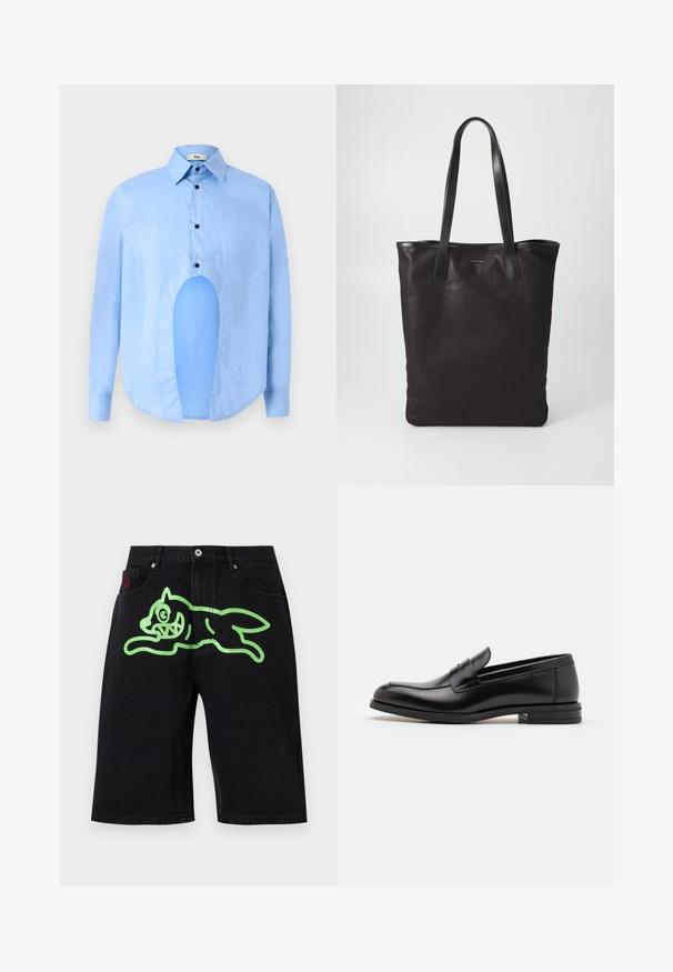 Light blue long-sleeve shirt with a pointed collar, black buttons, and a unique cutout in the front for distinctive design.; Icecream RUNNING DOG - Denim shorts - black denim; Black leather loafers with a smooth texture, rounded toe, and a decorative strap across the vamp. Low stacked heel, minimalist design.; Black canvas tote bag with black leather handles. Simple design, spacious body, and a smooth texture. No visible logos or patterns.