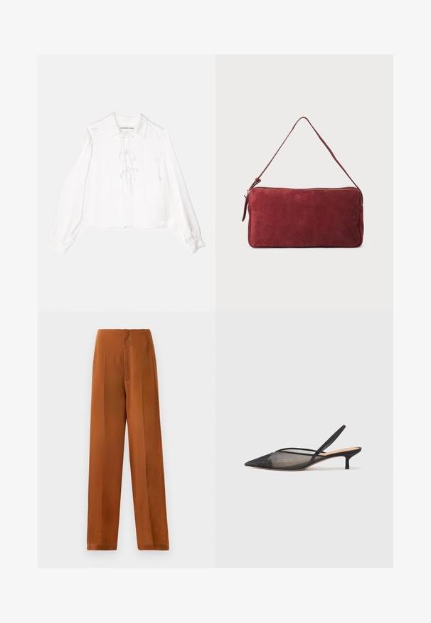 Fehér, hosszú ujjú blúz, galléros nyakkivágással, középen fűzős részlettel, sima anyagból készült. A mandzsetta elasztikus.; Bő szárú nadrág meleg barna színben, sima textúrával, magas derékkal és kontrasztos fehér varrással az oldalvarrásokon.; NEOUS IRENA - Klasszikus sarkú cipők - black; Burgundi velúr válltáska egyetlen pánttal, lapos, téglalap alakú és arany cipzár részlet. Simább textúra minimalista dizájnnal.