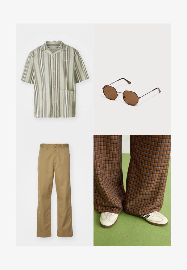 Šviesiai žalia su trumpomis rankovėmis marškinėliai su mygtukais ir vertikaliomis tamsiai žaliomis bei baltomis juostelėmis. Pasižymi dviem priekinių kišenėmis ir apykakle.; Kaki chinos su tiesia koja, pagaminti iš glotnaus medvilnės audinio. Savybės: priekyje esantis mygtukinis uždarymas ir šoniniai kišenės.; Rudos ir mėlynos langelinės plačios kelnės, derinamos su baltais batais su juodais akcentais ir tekstūruotais padais, prieš žalią foną.; Rudos aštuonkampiai saulės akiniai su plonomis tamsiomis metalinėmis rėmeliais, reguliuojamais nosies pagalvėlėmis ir rudais tamsintais objektyvais; šventyklos turi oranžinį akcentą.