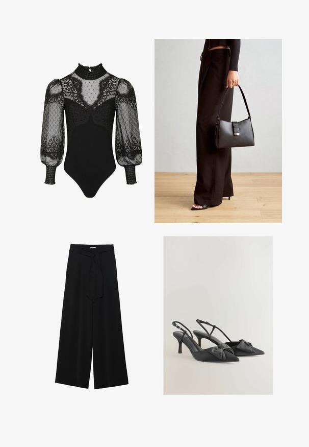 Čierny body s vysokým volánkovým golierom, priesvitnými nafúknutými rukávmi s čipkovými akcentmi a priliehavým spodkom. Detailne zdobený bodkami a kvetinovými vzormi.; Čierne široké nohavice s textúrovanou tkaninou, elastickým pásom a odnímateľným viazaním na páse pre nastaviteľné priliehanie.; Čierne saténové slingback podpätky s špičatými špičkami, malými mašličkami na prednej časti a úzkymi podpätkami. Obsahujú nastaviteľné remienky na členku.; Čierna kabelka so štruktúrovaným tvarom, hladkou textúrou a kovovou sponou. V kombinácii so širokými čiernymi nohavicami a sandálmi s otvorenou špičkou na drevenej podlahe.