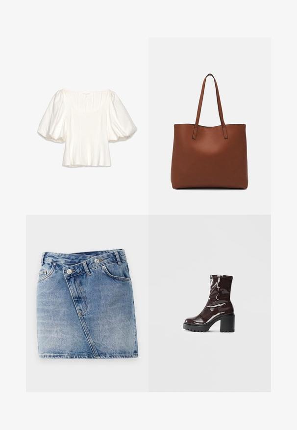 Bela skrajšana bluzica s kvadratnim izrezom, kratkimi naborkastimi rokavi, vertikalnimi šivi in gladkim, lahkim materialom.; Denim mini krilo v svetlo modri barvi, z nagnjenimi šivi, dvema sprednjima žepoma in dvema kovinskima gumboma na pasu. Nošen, teksturiran videz.; Sijajan škrlatank z bleščečim videzom, z masivnim črnim peto, ki se ponaša z gladko teksturo in preprostim dizajnom. Brez vidnih zapenjal ali vzorcev.; Rjava usnjena torba z gladko teksturo, odprto zasnovo zgoraj in dvema naramnima trakovoma. Opremljena je z minimalnim šivanjem in brez vidnih kovinskih delov.