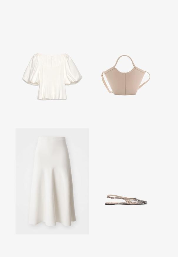White cropped blouse with a square neckline, short puffed sleeves, vertical seam details, and a smooth, lightweight fabric.; A white A-line skirt made from a smooth fabric, featuring a fitted waist and a flared silhouette that falls gently to mid-calf.; Slingback flats featuring a snake print design in shades of beige and black, with a pointed toe and a thin ankle strap.; Beige leather handbag with a unique shape, featuring two short handles and a long adjustable strap. Smooth texture with minimal hardware.