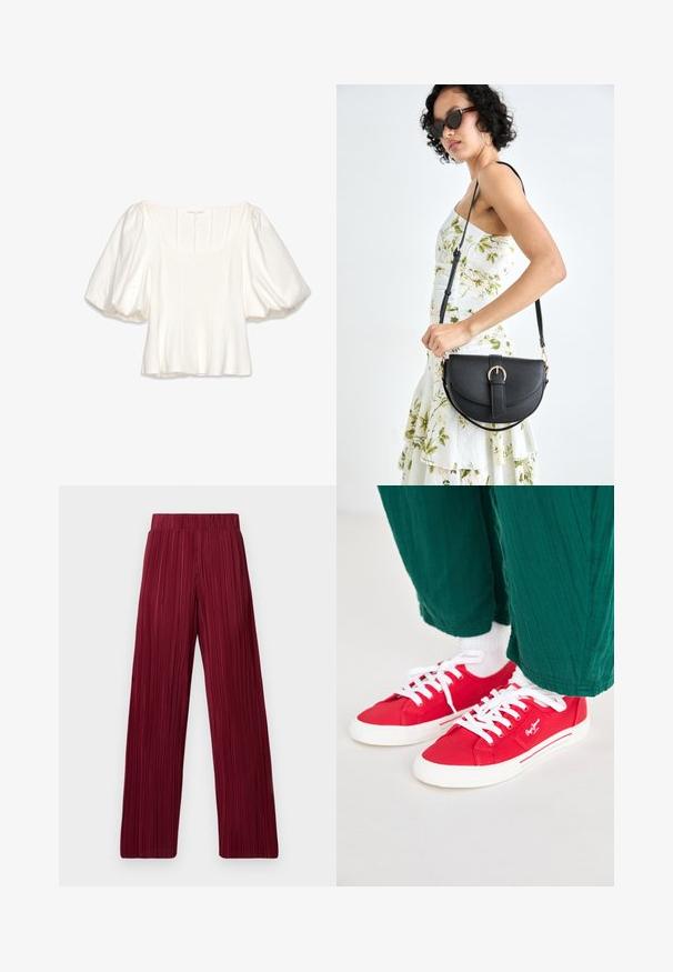 Weiße kurz geschnittene Bluse mit quadratischem Ausschnitt, kurzen puffärmel, vertikalen Nahtdetails und einem glatten, leichten Stoff.; Bordeauxfarbene, plissierte, weite Hosen mit elastischem Bund. Der strukturierte Stoff weist vertikale Streifen auf. Gerader Schnitt bis zum Saum.; Rote Leinensneaker mit weißen Schnürsenkeln, ausgestattet mit einer weißen Gummisohle und gestreiften Akzenten an der Seite. Getragen mit grünen strukturierten Hosen und weißen Socken.; Schwarze Lederhandtasche mit geschwungener Form, abnehmbarem Tragegurt und goldenen Beschlägen. Die Tasche verfügt über einen Deckel mit einer Schnallen-Details.