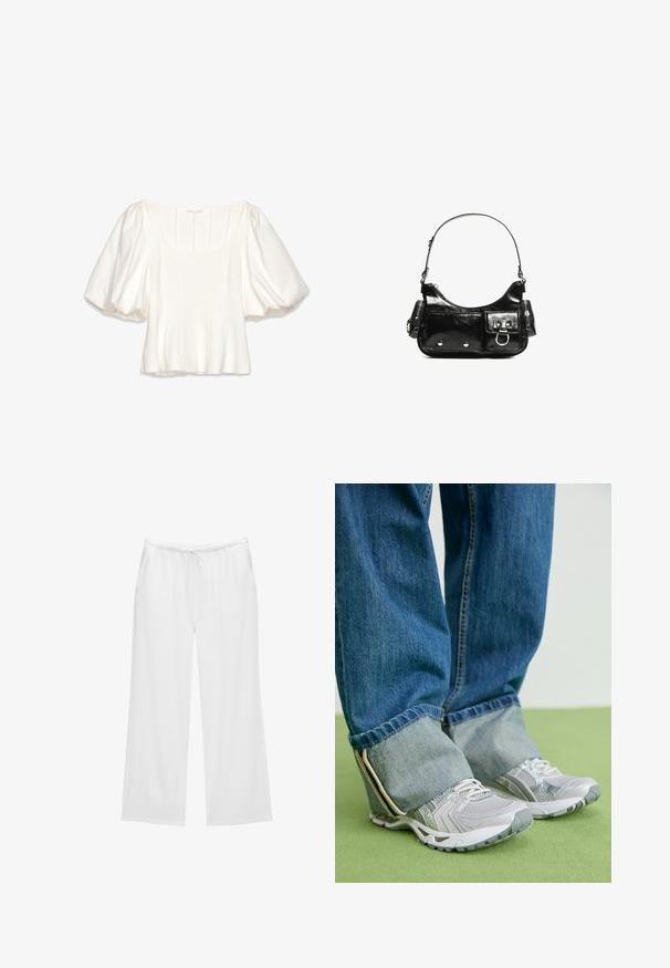 Hvid cropped bluse med firkantet udringning, korte puffede ærmer, lodrette sømdetaljer og et glat, let stof.; Hvide bredbenede bukser lavet af blødt stof, med en elastisk talje og snøring samt to sidelommer. Simpelt og rent design.; Grå atletiske sko med mesh-materiale og hvide accenter, parret med blå denimjeans, der er opkrøllet ved anklerne.; Sort patenteret læder håndtaske med en buet form, en skulderrem, frontlommer og hardware accenter i sølvfarve.