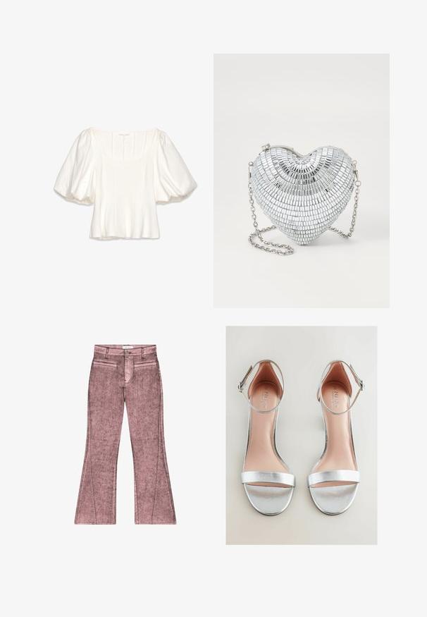 Blouse blanche raccourcie avec un décolleté carré, des manches courtes bouffantes, des détails de couture verticaux et un tissu lisse et léger.; Jean flare rose avec une texture délavée, comportant deux poches avant, une fermeture éclair à l'avant et des surpiqûres le long des coutures.; Sandales à talons hauts argentées avec une finition métallique lisse, bout ouvert, bandeau de cheville et semelle plate texturée. Semelle intérieure moelleuse en beige clair.; Pochette en forme de cœur argenté, faite de carreaux réfléchissants, avec une fermeture à charnière et une chaîne. Texture lisse avec surface réfléchissante.