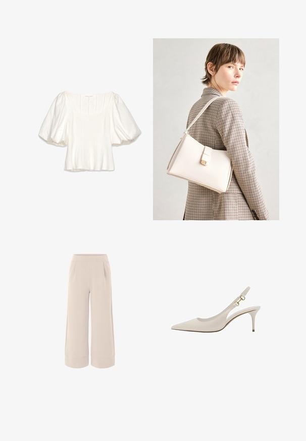 Bela skrajšana bluzica s kvadratnim izrezom, kratkimi naborkastimi rokavi, vertikalnimi šivi in gladkim, lahkim materialom.; Bež široke hlače s gladkim tekstilom, elastičnim pasom in dvema stranskima žepoma. Manšete so zvijene za dodatno detajl.; Bež usnjena sandalna obutev s koničastim nosom, tankim petam in zlatimi kovinskimi detajli na traku. Gladka tekstura po celotni obutvi.; Bela usnjena torba s strukturirano zasnovo, opremljena z magnetnim zapiranjem in naramnico, prikazana na nevtralni ozadju.