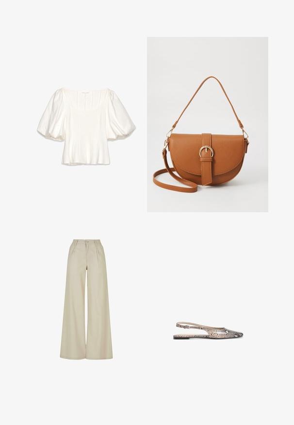 White cropped blouse with a square neckline, short puffed sleeves, vertical seam details, and a smooth, lightweight fabric.; Beige wide-leg trousers made of woven fabric, featuring front pleats, a button closure, and a smooth texture. Straight hems.; Slingback flats featuring a snake print design in shades of beige and black, with a pointed toe and a thin ankle strap.; Brown leather crossbody bag with a curved shape, gold hardware, and a buckle accent. Features a detachable shoulder strap.