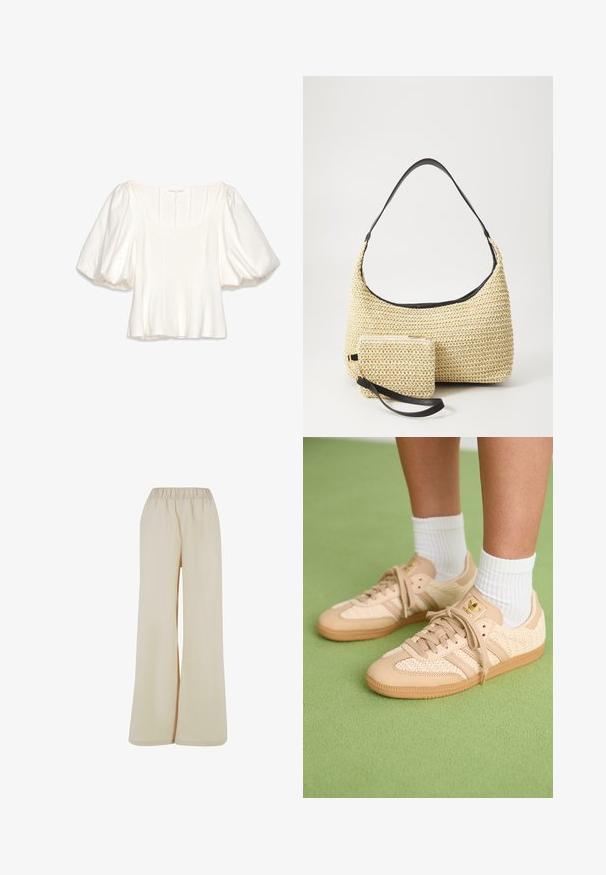 Blusa bianca a maniche corte con scollatura quadrata, maniche a sbuffo, dettagli delle cuciture verticali e un tessuto leggero e liscio.; Pantaloni larghi color beige chiaro con elastico in vita. Tessuto liscio e morbido con una vestibilità ampia, privo di motivi o dettagli visibili.; Piedi che indossano sneakers Adidas intrecciate beige con suole in gomma e calzini bianchi alla caviglia su un pavimento texturizzato verde.; Borsa in paglia intrecciata con silhouette curva, dotata di una tracolla in pelle nera liscia e di una piccola pochette abbinata, attaccata da un cinturino da polso.