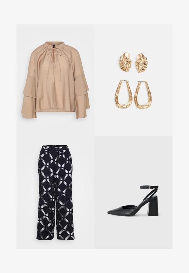 Beige blouse with a round neckline, tie detail, and tiered bell sleeves. Made from a lightweight, smooth fabric with a relaxed fit.; Vero Moda Petite VMBRINA PANTS - Trousers - black; Black leather pointy-toe pump with an ankle strap and a chunky heel. Flat texture, sleek design, and minimalistic aesthetics.; Gold-tone earrings featuring textured, wavy shapes. Includes sculptural clip-on studs and open hoop design with a hammered finish.
