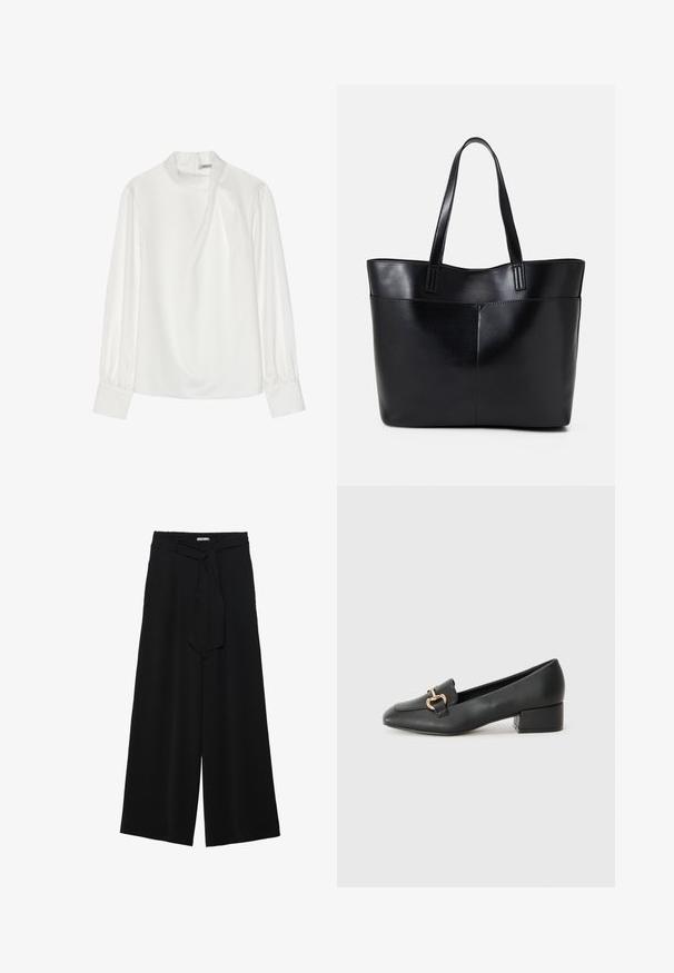 White blouse with a high neckline, long puff sleeves, and a zip closure at the back. Smooth fabric with a slight sheen and subtle drape.; Black wide-leg pants featuring a textured fabric, an elastic waistband, and a detachable sash tie at the waist for adjustable fit.; Black leather loafers with a flat heel, featuring a decorative gold hardware detail on the front and a smooth texture.; Black leather tote bag with two long handles, a smooth texture, and a structured shape. Features a front pocket for additional storage.