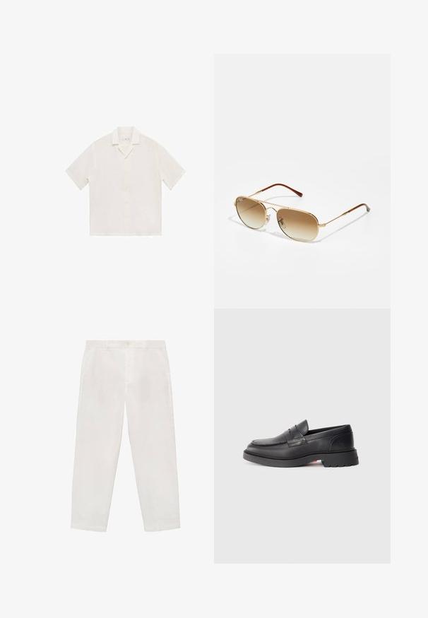 Mango Košeľa - white; Biele bavlnené nohavice so straight strihom, so zapínaním na gombík, pútkami na opasok a bočnými vreckami. Hladká textura a minimalistický dizajn.; Čierne kožené mokasíny s zaoblenou špičkou, vyvýšeným švom a hrubou gumovou podrážkou. Jednoduchý dizajn s minimálnym označením na boku.; Zlaté aviátorové slnečné okuliare s gradientnými hnedými sklami, kovovým rámom a hnedými plastovými koncami ramien. Hladký povrch, minimálny hardvérový detail.