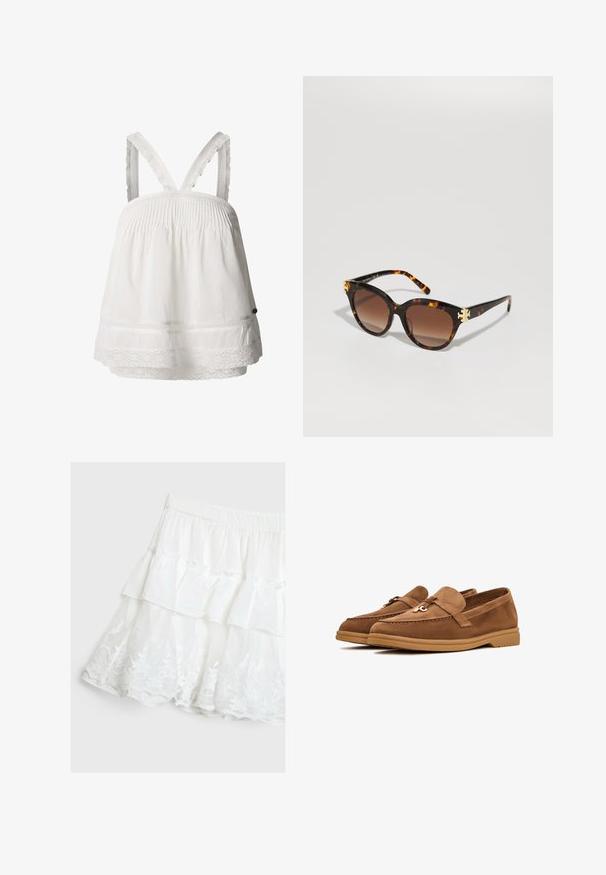 Valkoinen puuvillapaita, jossa on smokkikaulus, pitsiyksityiskohta helman reunassa ja säädettävät rypytetyt olkaimet. Kevyt kangas, rento malli.; Valkoinen kerroksellinen hame, joka on valmistettu kevyestä kankaasta ja jossa on röyhelömuotoilu sekä kukallista pitsiä helman reunassa. Joustava vyötärö.; Ruske mokasiner av suéd med flat såle, med en dekorativ sløyfe og subtile sømdetaljer. Rund tådesign.; Kilpikonnakuosiset aurinkolasit perhosmuodolla, ruskeilla gradient-osailla linsseillä ja kultaisilla yksityiskohdilla etuosassa, joissa on hohtavat, kapeat sarvet.
