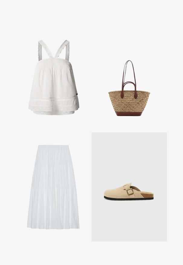 White cotton top with smocking detail, lace trim at the hem, and adjustable ruffled straps. Lightweight fabric, relaxed fit.; White tiered midi skirt with an elastic waistband, featuring a textured fabric and subtle vertical stripes throughout the fabric.; Beige suede slide-on clogs with a cork footbed, rounded toe, and a simple strap featuring a gold-tone buckle. Rubber sole for grip.; Woven straw tote bag with braided texture, dark brown leather handles and base, wide circular shape, and open top design.