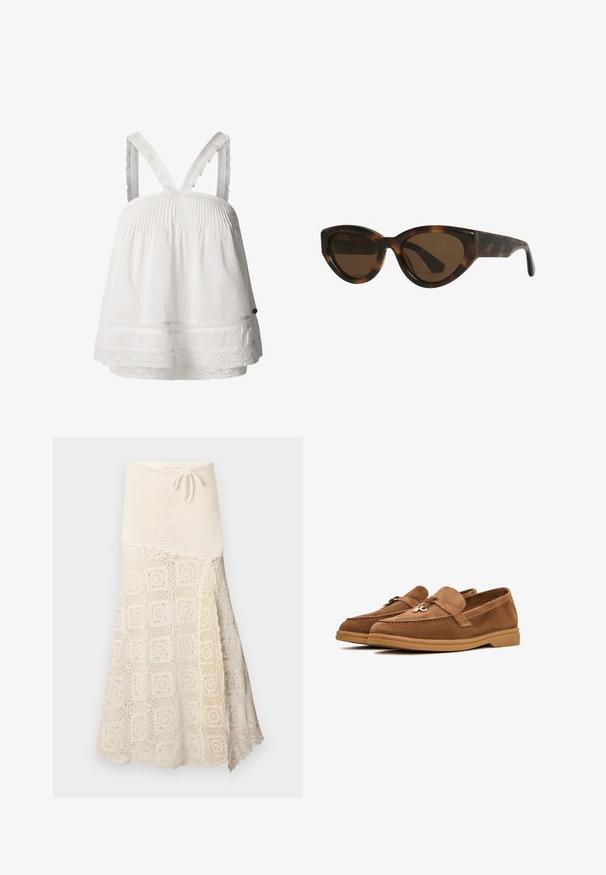 Valkoinen puuvillapaita, jossa on smokkikaulus, pitsiyksityiskohta helman reunassa ja säädettävät rypytetyt olkaimet. Kevyt kangas, rento malli.; Virkkattu hame, jossa on tekstuuri vaalea yläosa ja alempi osa, jossa on monimutkainen neliökuvio. Säädettävä nauha vyötäröllä.; Ruske mokasiner av suéd med flat såle, med en dekorativ sløyfe og subtile sømdetaljer. Rund tådesign.; Kilpikonnakuorinen kissansilmälasityyli aurinkolasit ruskeilla linsseillä, joissa on sileät, kiiltävät muovikehykset ja kuitenkin tyylikäs muotoilu. Ei näkyviä logoja tai koristeita.