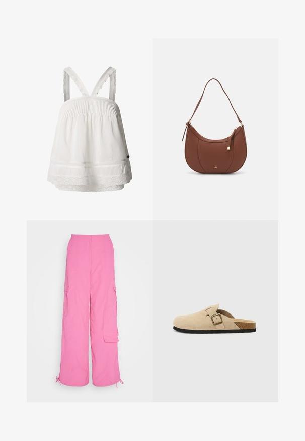Hvit bomullstopp med smockingdetaljer, blonderkant nederst og justerbare volangeremser. Lett stoff, avslappet passform.; Rosa cargo-bukser med vid bendesign, knaplukning, flere sidelommer og justerbare snorekanter, lavet af let materiale.; Beige suedeklipper med korksåle, rund tå og en enkel stropp med en gulldekorert spenne. Gummisåle for godt grep.; Brun kunstlæder skuldertaske med buet form, minimal syning og detaljer i guld-tonet hardware. Har en top lynlås lukning og justerbar rem.