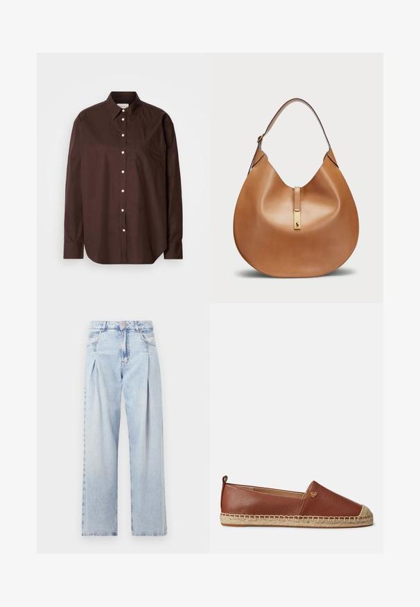 Brun skjorta med knappar i bomullstyg, med långa ärmar, en bröstficka, vita knappar och en klassisk kragsdesign.; Ljust blå denimjeans med hög midja, vida ben, två sidofickor och veckad design. Mjuk textur med en blekt finish.; Bruna läderspadrille med en slät yta, sula av jute-rep och en gyllene logotypackent vid sidan. Rund tå med avslappnad design.; Tan läderhandväska med en böjd form och ett brett axelband. Har en guldfärgad metallaccent i mitten och en slät yta.