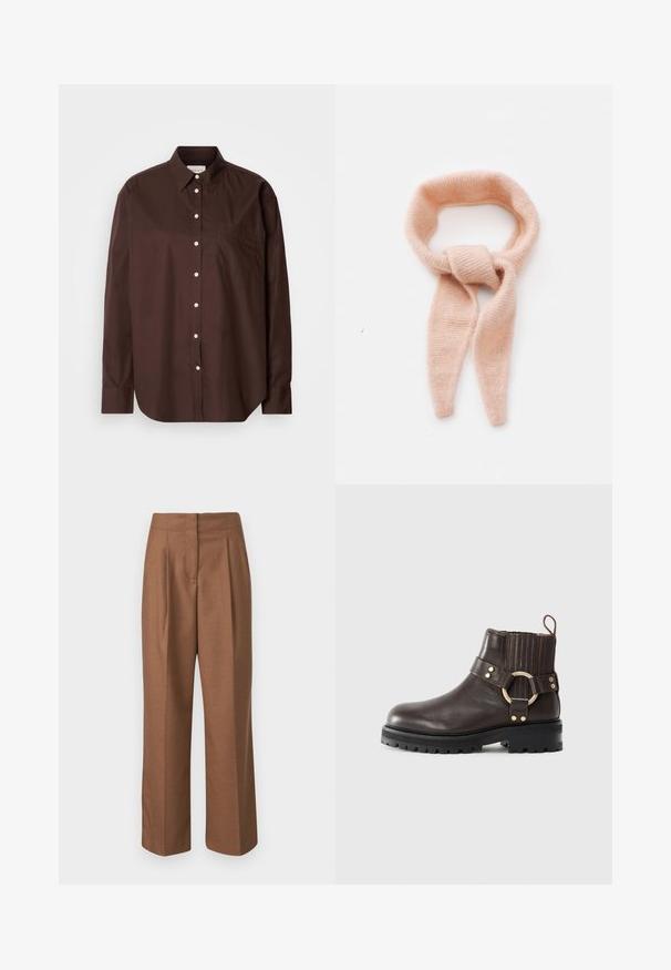 Cămașă maro cu nasturi din material de bumbac, având mânecă lungă, un buzunar pe piept, nasturi albi și un design clasic al gulerului.; Pantaloni maro croiți, cu talie înaltă, picioare largi, pliseuri frontale și o textură netedă. Fără buzunare vizibile sau embellishments.; Botine din piele maro, cu panouri elastice laterale, accent din cercuri aurii și talpă groasă neagră. Prezintă detalii de tip brogue pe partea superioară.; Pashmina trandafir pal, textură moale, design în bucle cu capete alungite, având un detaliu nod în centru.