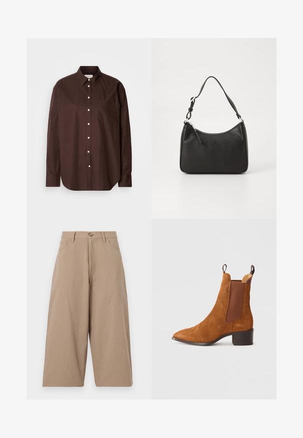 Hnedá košeľa na gombíky z bavlnenej tkaniny, s dlhými rukávmi, náprsného vrecka, bielymi gombíkmi a klasickým dizajnom goliera.; Khaki široké nohavice vyrobené z bavlny, s vysokým pásom, prednými vreckami a jednom gombíkom na zapínanie. Hladká textúra a rovný strih.; Hnedé semišové členkové topánky s ostrou špičkou, elastickými bočnými panelmi a nízkym blokovým podpätkom. Obsahujú praktické úchyty pre jednoduché obúvanie.; Čierna kožená kabelka s oblým tvarom, jediným popruhom, zipsom a nenápadným logom na prednej strane. Hladká textúra, minimalistický dizajn.
