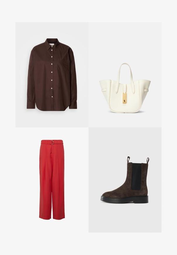 Ruda mygtukinė marškinė iš medvilnės, su ilgomis rankovėmis, krūtine kišene, baltais mygtukais ir klasikiniu apykaklės dizainu.; Raudoni platūs kelnių šortai, pagaminti iš lengvos medžiagos, su aukštu liemeniu, diržu ir sidabriniais aksesuarais, bei priekiniais raukšlėjimais.; Rudi zomšiniai auliniai batai su elastingomis šoninėmis panelėmis ir traukimo juostelėmis. Suapvalinta nosis ir masyvus juodas kulnas užtikrina stabilumą.; Balta odinė rankinė su struktūrizuota forma, ryškiu siuvimu, auksine detale ir dviem rankenomis. Tekstūruotas paviršius su šoninėmis kišenėmis.