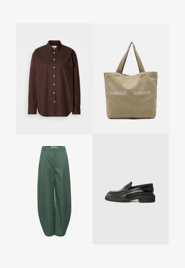 Rjava srajca z gumbi iz bombažne tkanine, ki vključuje dolge rokave, žep na prsih, bele gumbe in klasičen dizajn ovratnika.; Gestuz CALLIA BARREL PANTS - Hlače - posy green melange; Črne usnjene čeveljce brez vezalk z zaobljenim nosom, debelim teksturiranim podplatom in subtilnim šivom. Na zadnjem delu je majhna oznaka.; Bežna platnena torba z dvema natisnjenima logoma "SAMSØE". Ima mehko teksturo, trpežne ročaje in preprost, strukturiran obliko.