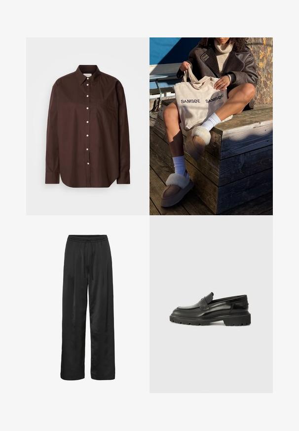 Camisa castanha de botão em tecido de algodão, com mangas longas, um bolso no peito, botões brancos e um design de colarinho clássico.; Calças largas pretas feitas de um tecido suave e brilhante. Apresenta uma cintura elástica com cordão para ajuste do tamanho.; Sapatilhas pretas em couro, tipo slip-on, com biqueira arredondada, sola texturizada e detalhes de costura discretos. Possui um pequeno logótipo na parte de trás.; Saco tote bege com "SAMSOE" impresso duas vezes, chinelos castanhos com acabamento de pelo branco, meias brancas e um casaco de pele de carneiro castanho sobre uma superfície de madeira.