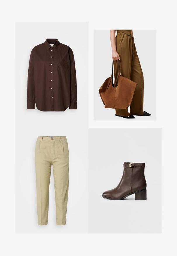 Bruine button-down shirt van katoen, met lange mouwen, een borstzak, witte knopen en een klassiek kraagontwerp.; Beige katoenen broeken met een relaxte pasvorm, voorzien van een drukknoopsluiting, voorplooien en zijzakken, ontworpen met taps toeloop. ; Bruine leren enkelboot met een ronde neus, een lage blokhak en een decoratieve gespband rond de enkel. Gladde textuur en strakke design.; Bruine suède tote bag met zwarte leren handvatten, met een brede, slungelige vorm en een minimalistisch design, vastgehouden door een persoon in een bruine broek.
