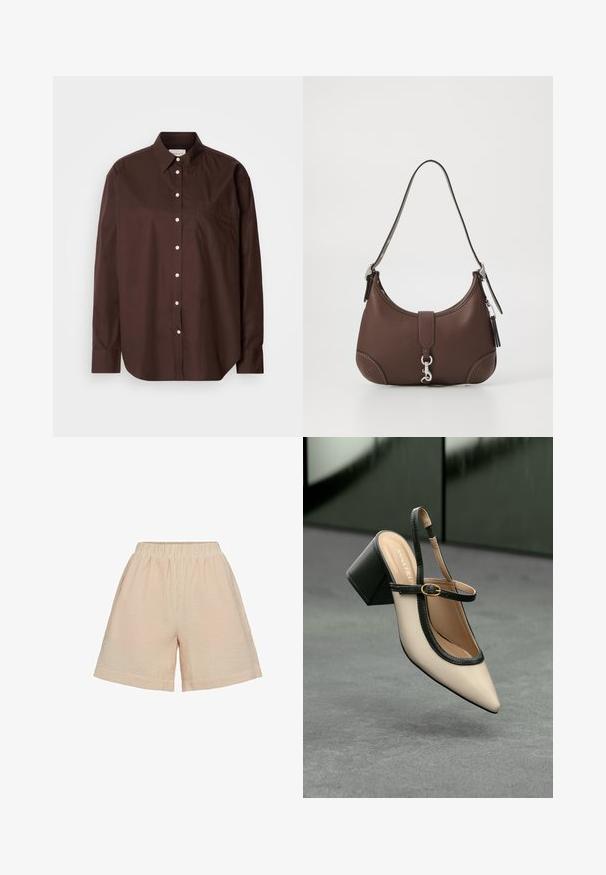 Bruine button-down shirt van katoen, met lange mouwen, een borstzak, witte knopen en een klassiek kraagontwerp.; Moves PYNNA - Shorts - tangerine; Beige puntige slingback schoen met zwarte rand, gouden gesp en een chunky blokhak op een grijze vloer met een donker groene achtergrond.; Bruine leren handtas met een ronde vorm, zilveren hardware en decoratieve stiksels. Beschikt over een schouderband en een klittenbandsluiting.