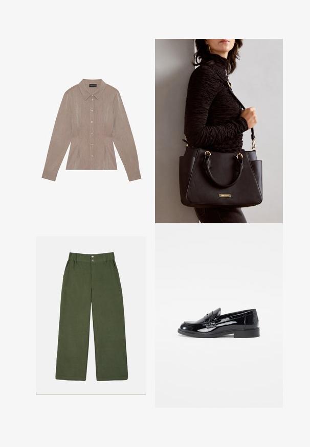Camisa marrón de manga larga con cuello, patrón de rayas finas, cierre frontal con botones y costados con pliegues.; Pantalones de pierna ancha en algodón verde oliva con una textura suave, que presentan una cintura entallada y dos botones a presión de metal en la parte delantera.; Mocasin de charol negro con punta redondeada, detalle de costura elevada y suela de goma plana. Textura suave con acabado pulido.; Bolso negro con superficie texturizada, doble asa superior y correa para hombro ajustable. Presenta herrajes en tono dorado y bolsillos laterales.