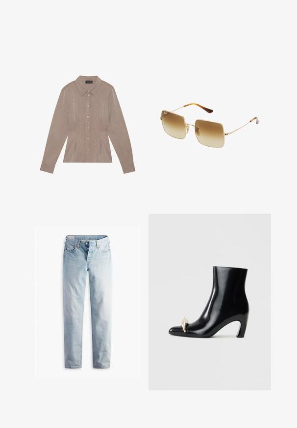 Brown long-sleeve shirt with a collared neckline, pinstripe pattern, front button closure, and side seams featuring pleats.; Light blue denim jeans with a straight-leg cut, two front pockets, and two back pockets. Includes two-button fly and subtle stitching.; Black ankle boot made of glossy leather, featuring a pointed toe and a decorative gold and silver accent at the front. Block heel design.; Square sunglasses with gradient brown lenses, gold metal frame, and tortoiseshell accents on the temples.; Black handbag made of textured leather, featuring a diamond pattern, gold-tone chain strap, and a top handle with a logo-embossed flap closure.