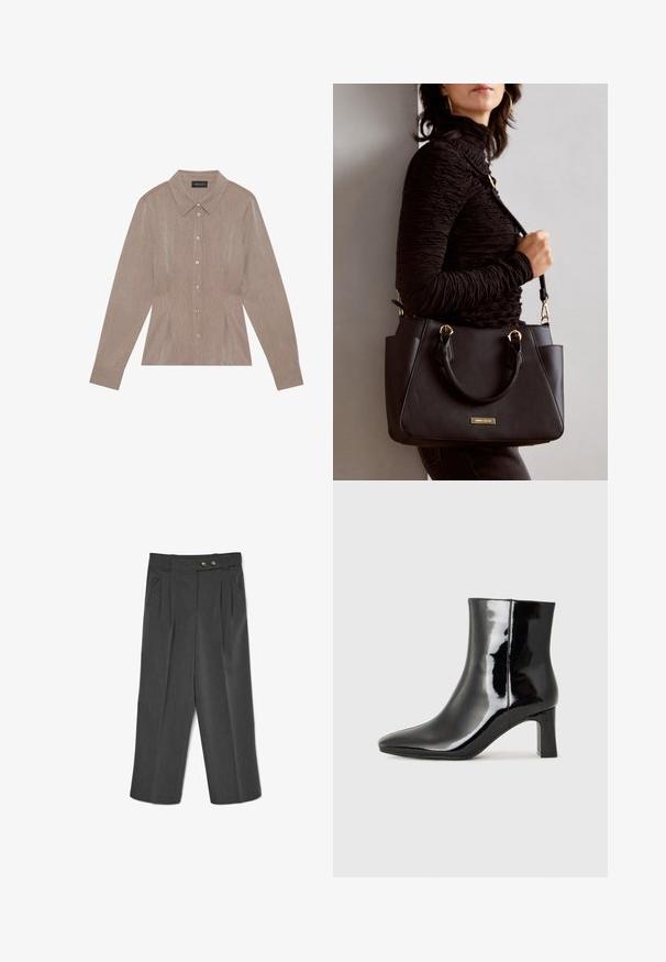 Smeđa košulja dugih rukava s ovratnikom, uzorkom prugica, prednjim zatvaranjem na gumbe i bočnim šavovima s nabora.; Sive prilagođene hlače s nabranim prednjim dijelom, dva prednja džepa i kopčom na dugme, izrađene od teksturiranog materijala, širokog kroja.; Crne lakirane kožne gležnjače s šiljastim prstom i srednje visokom blok petom. Glatka tekstura i minimalistički dizajn.; Crna torba s teksturiranom površinom, dvostrukim gornjim ručkama i podesivom remenom za rame. Ima zlatne metalne detalje i bočne džepove.
