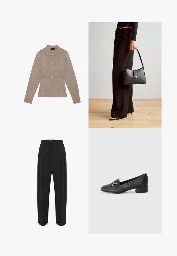 Ruda ilga rankovė marškiniai su apykakle, smulkia dryžuota raštu, priekyje su sagomis ir šoninėmis siūlėmis, kuriuose yra klostės.; Juodos plačios kelnės su aukštu liemeniu, turinčios lygią tekstūrą ir dvi priekinės klostes. Sukurtos su švaria, pritaikyta forma.; Juodi odiniai loaferiai su plokščiu kulnu, su dekoratyvia auksine detalės priekyje ir glotnia tekstūra.; Juodas rankinė struktūrizuota forma, lygi tekstūra ir metalinis užsegimas. Suporuota su plačiomis juodomis kelnėmis ir atvirais bateliais ant medinių grindų.