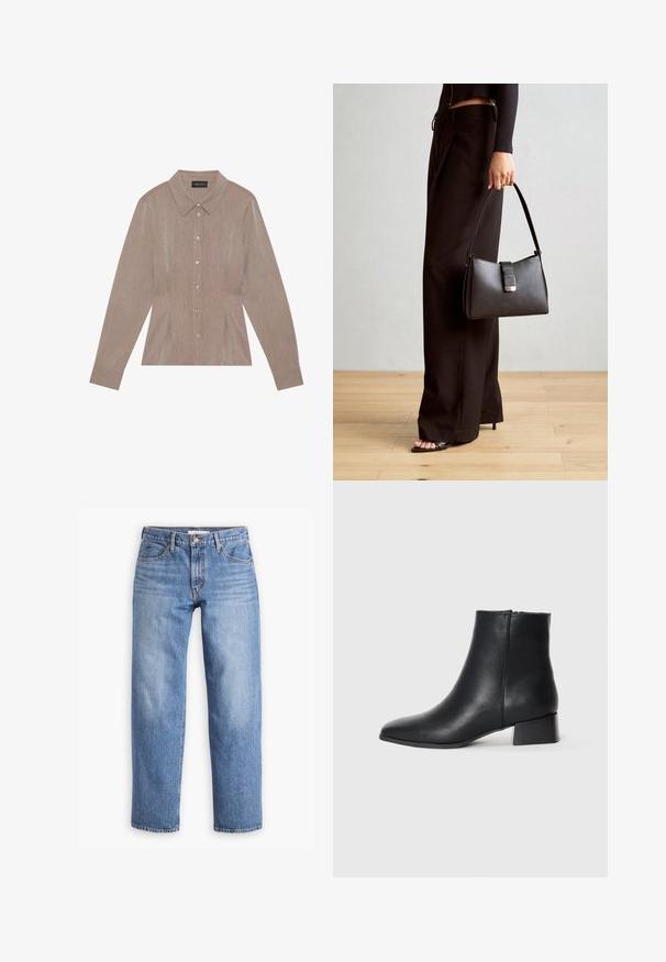 Chemise à manches longues marron avec un col, motif à rayures, fermeture à boutons devant et coutures latérales avec des plis.; Jeans en denim bleu clair avec une coupe droite, cinq poches et une fermeture éclair. Le tissu a une finition texturée classique avec un léger dégradé.; Botte de cheville en cuir noir avec un bout pointu et un talon bloc bas, présentant une texture lisse et un design minimaliste.; Sac à main noir à la forme structurée, texture lisse et fermoir métallique. Associé à un pantalon noir ample et des sandales ouvertes sur un sol en bois.