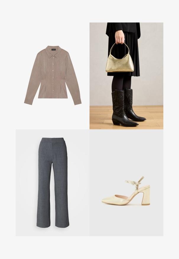 Brun langermet skjorte med krage, pinstripe mønster, knappelukking foran og sidesømmer med plissert detaljer.; Lindex TROUSERS LYKKE - Bukse - grey; Gull metallisk hæl sko med spiss tå, ankelrem med en sirkelformet lås, og en tykk hældesign. Glatt tekstur.; Gullfarget håndveske med buet form og kort håndtak, holdt av en person iført et svart plisserte skjørt og svarte lær cowboystøvler.