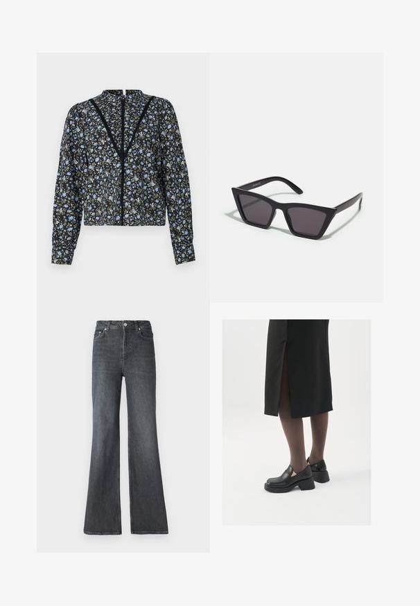 Mustikka kukallinen pusero, jossa on vaaleansinisiä ja vihreitä kuvioita, pitkät hihat, korkea kaulus ja keski-aukko pitsiyksityiskohdilla.; Tummat denimi flared farkut korkealla vyötäröllä, joissa on etutaskut, vetoketjukiinnitys ja klassinen viiden taskun muotoilu.; Mustat nahkakengät pyöreällä kärjellä, paksulla lohkopohjalla ja joustavilla sivuakkesseilla, yhdistettynä tummiin sukkahousuihin ja mustaan hameeseen, jossa on halkio.; Mustat, kulmikkaat aurinkolasit harmailla linsseillä; valmistettu muovista, paksuilla varsilla, joissa on sileä pinta ja ilman näkyvää metalliosaa.